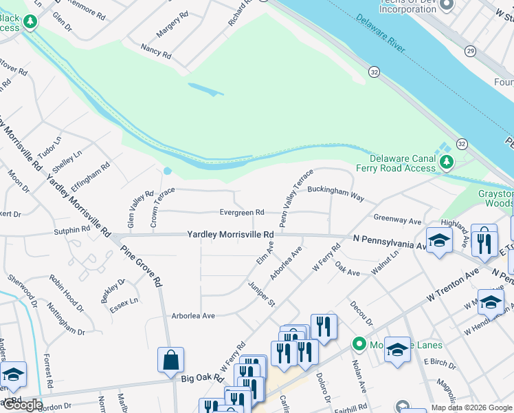 map of restaurants, bars, coffee shops, grocery stores, and more near 12 Crown Terrace in Yardley