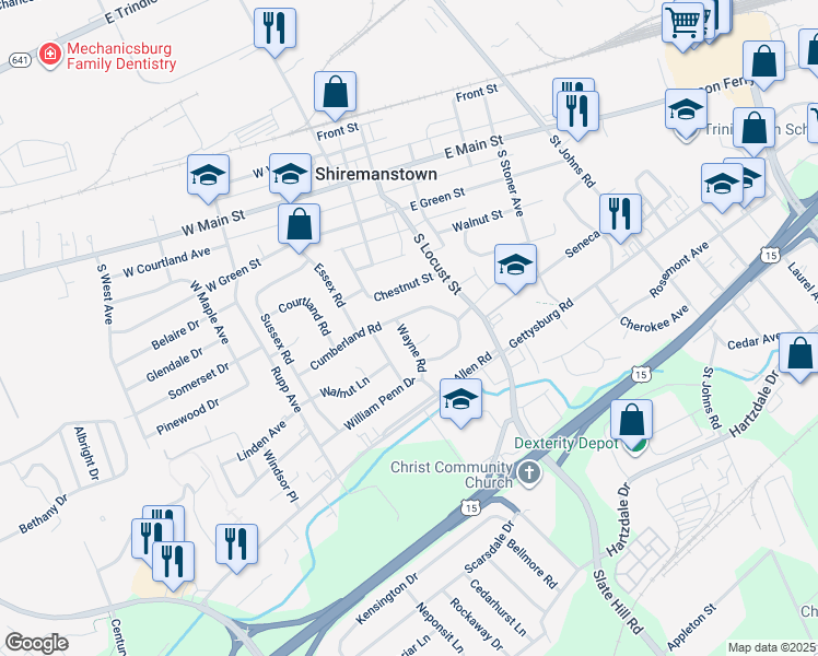 map of restaurants, bars, coffee shops, grocery stores, and more near 16 Wayne Road in Camp Hill