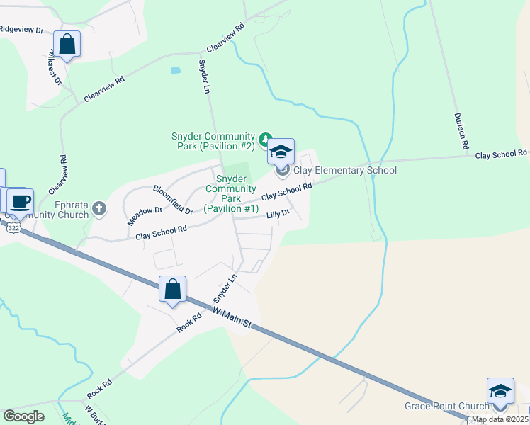 map of restaurants, bars, coffee shops, grocery stores, and more near 111 Lilly Drive in Ephrata