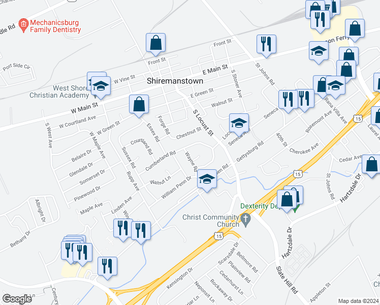 map of restaurants, bars, coffee shops, grocery stores, and more near 16 Wayne Road in Camp Hill