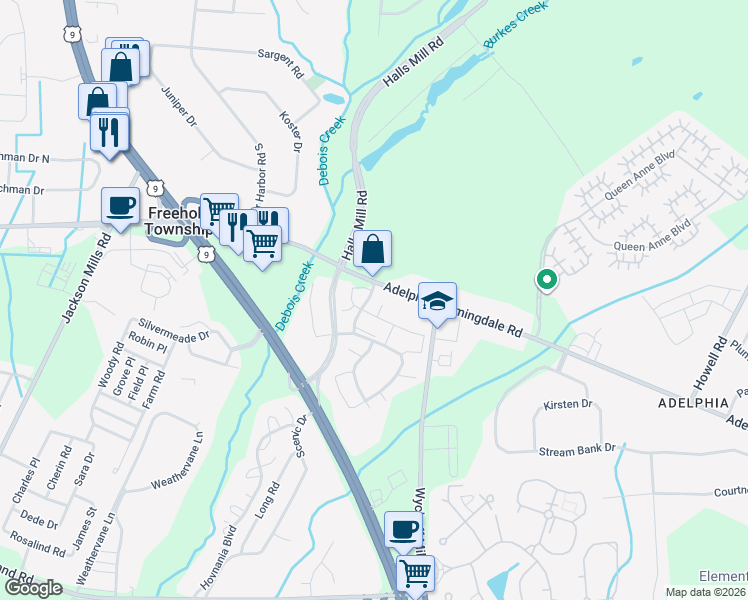 map of restaurants, bars, coffee shops, grocery stores, and more near 5 Fiddlers Elbow Court in Howell Township