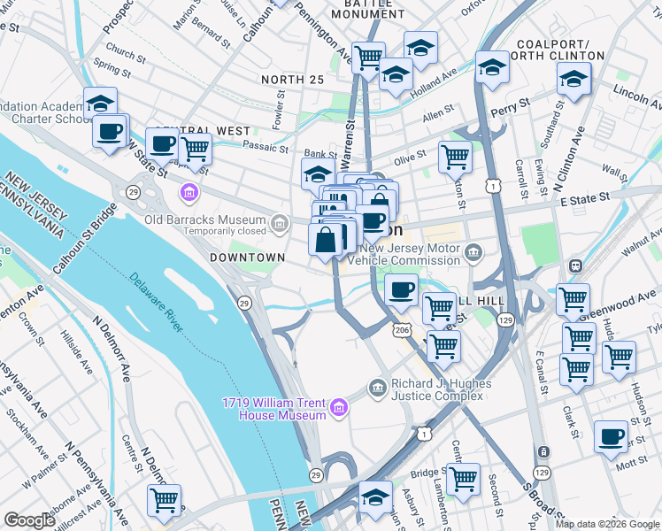 map of restaurants, bars, coffee shops, grocery stores, and more near 28 Lincoln Highway in Trenton