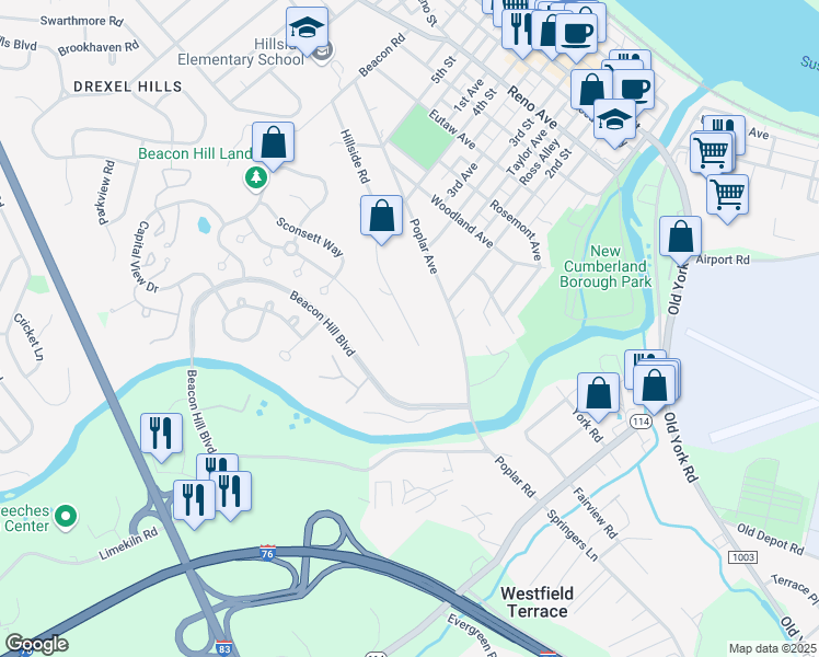 map of restaurants, bars, coffee shops, grocery stores, and more near 80 Hillside Drive in New Cumberland