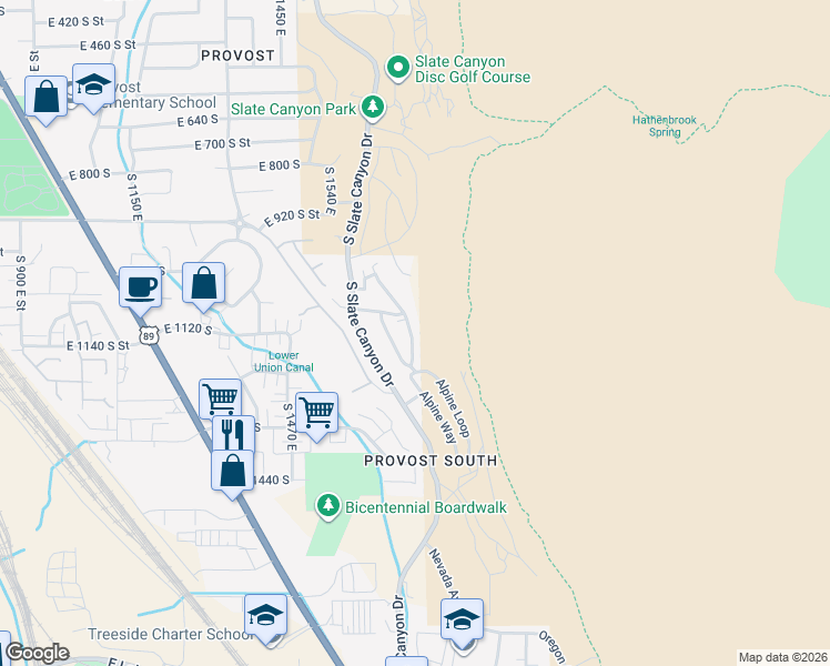 map of restaurants, bars, coffee shops, grocery stores, and more near 1145 Canyon Meadow Drive in Provo