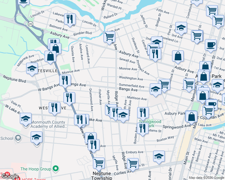 map of restaurants, bars, coffee shops, grocery stores, and more near 306 Ridge Avenue in Asbury Park