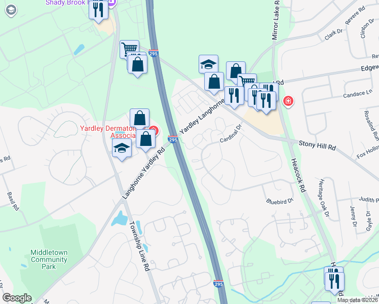 map of restaurants, bars, coffee shops, grocery stores, and more near 630B Palmer Lane in Yardley