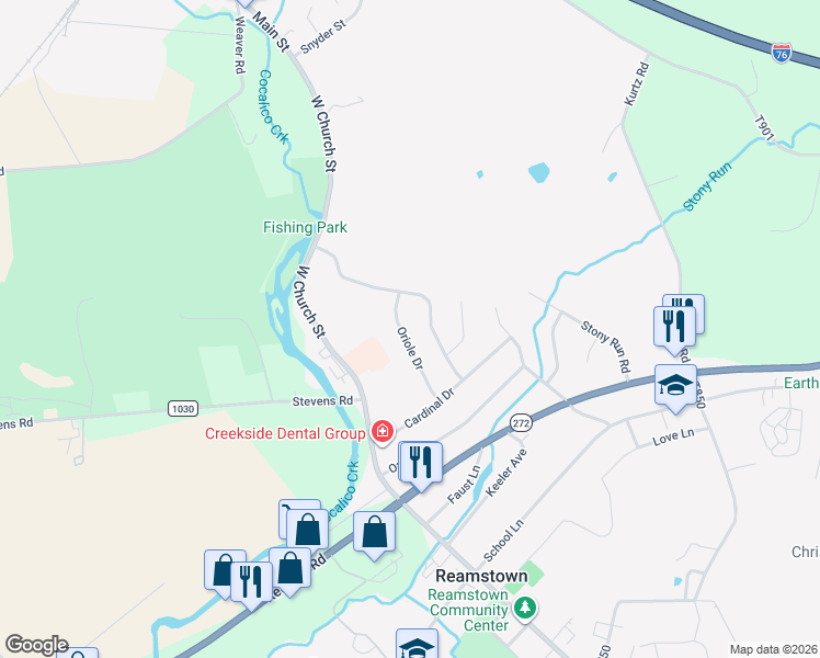 map of restaurants, bars, coffee shops, grocery stores, and more near 65 Oriole Drive in Stevens