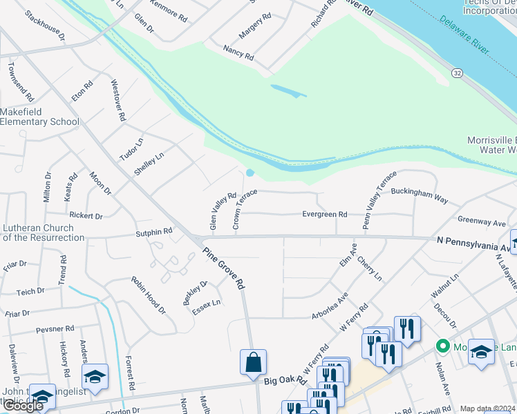 map of restaurants, bars, coffee shops, grocery stores, and more near 1224 Evergreen Road in Yardley