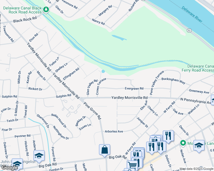 map of restaurants, bars, coffee shops, grocery stores, and more near 1224 Evergreen Road in Yardley