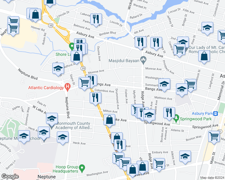 map of restaurants, bars, coffee shops, grocery stores, and more near 1803 Columbus Avenue in Neptune City