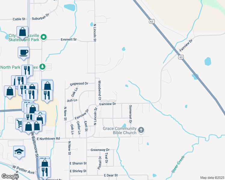 map of restaurants, bars, coffee shops, grocery stores, and more near 3010 Woodwind Court in Kirksville