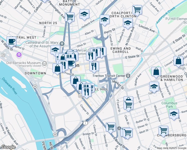 map of restaurants, bars, coffee shops, grocery stores, and more near 237 East Front Street in Trenton