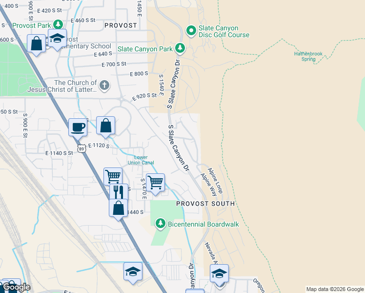 map of restaurants, bars, coffee shops, grocery stores, and more near 1104 Meadow Fork Road in Provo