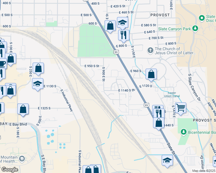 map of restaurants, bars, coffee shops, grocery stores, and more near 1062 South 950 East in Provo