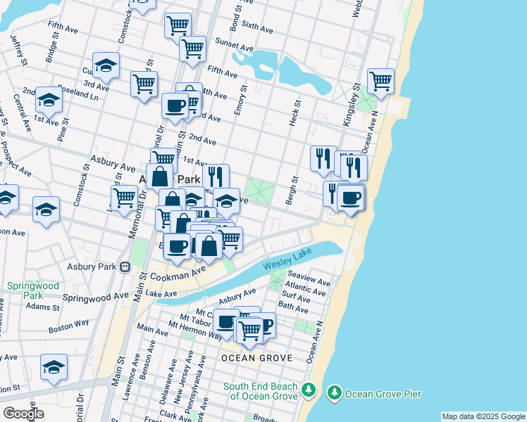 map of restaurants, bars, coffee shops, grocery stores, and more near 309 Asbury Avenue in Asbury Park