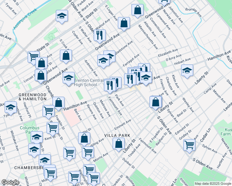 map of restaurants, bars, coffee shops, grocery stores, and more near 431 Cuyler Avenue in Trenton