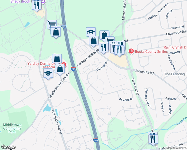 map of restaurants, bars, coffee shops, grocery stores, and more near 642 Palmer Lane in Yardley