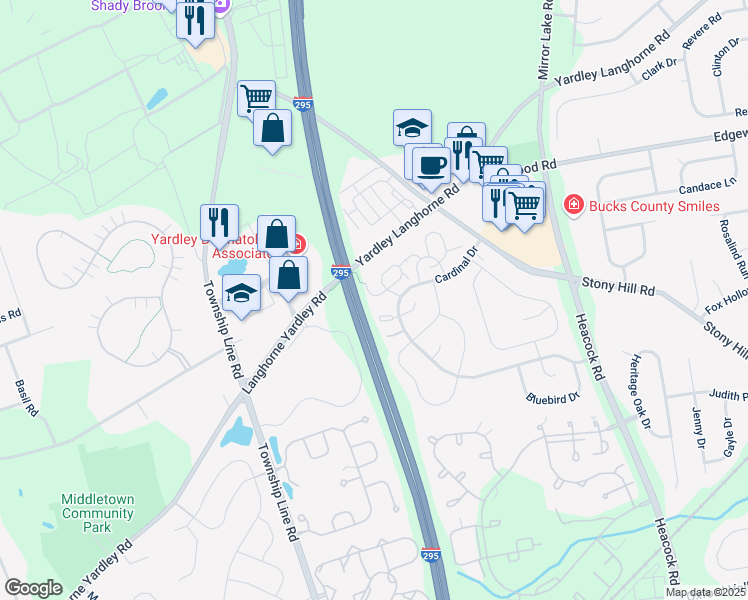 map of restaurants, bars, coffee shops, grocery stores, and more near 630B Palmer Lane in Yardley