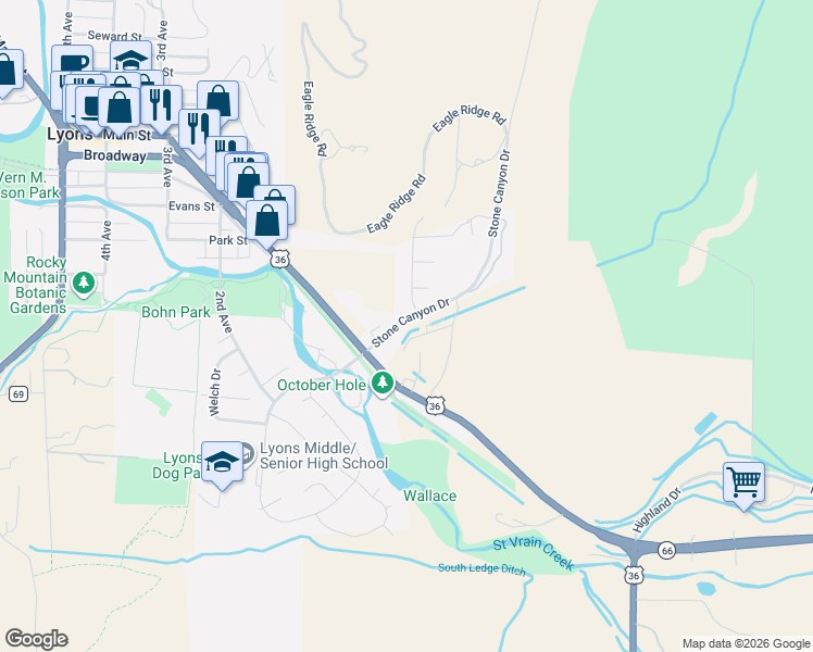 map of restaurants, bars, coffee shops, grocery stores, and more near 112 Stone Canyon Road in Lyons