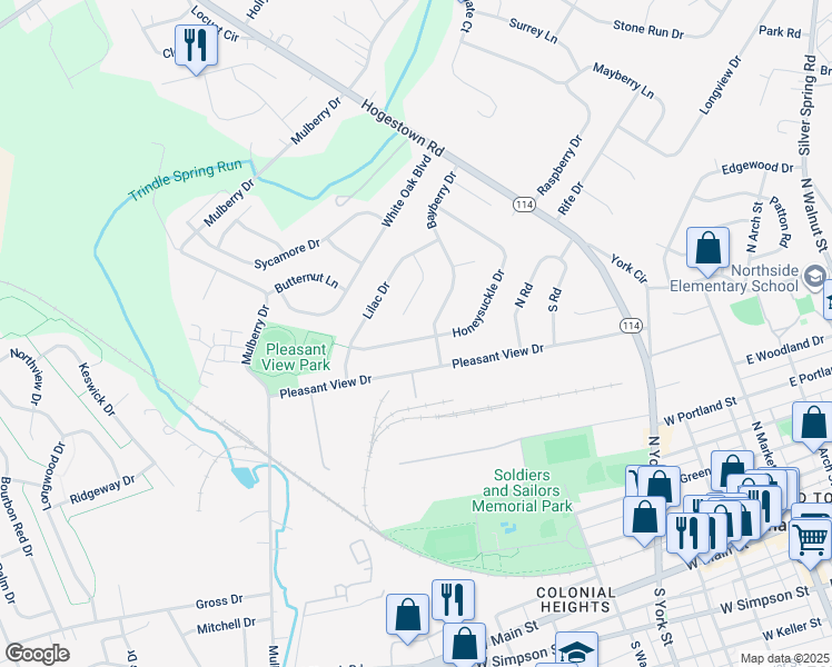 map of restaurants, bars, coffee shops, grocery stores, and more near 68 Honeysuckle Drive in Mechanicsburg