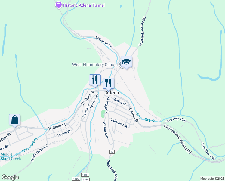 map of restaurants, bars, coffee shops, grocery stores, and more near 10 Smithfield-Adena Road in Adena