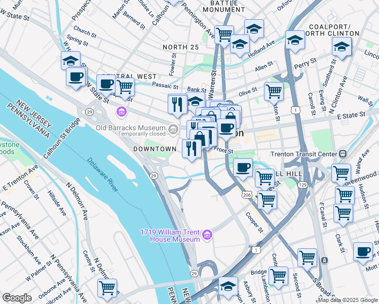 map of restaurants, bars, coffee shops, grocery stores, and more near 30 West Lafayette Street in Trenton