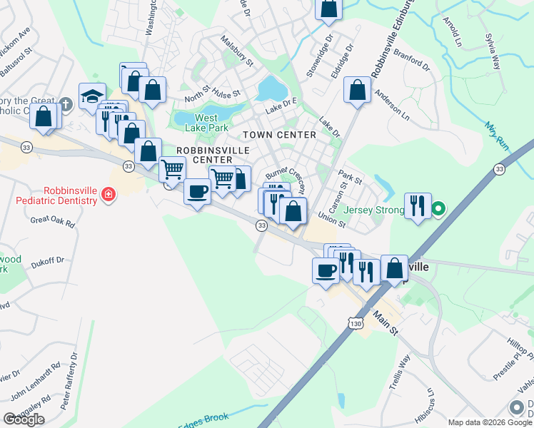 map of restaurants, bars, coffee shops, grocery stores, and more near 68 Union Street in Robbinsville Township