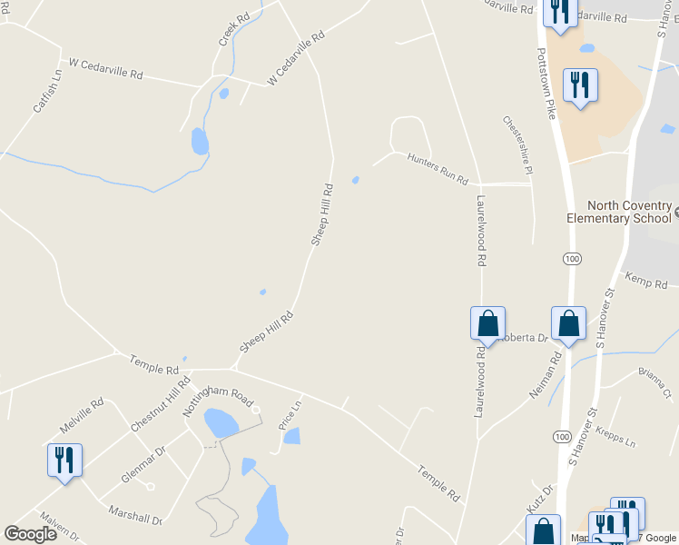 map of restaurants, bars, coffee shops, grocery stores, and more near 1282 Sheep Hill Road in Pottstown