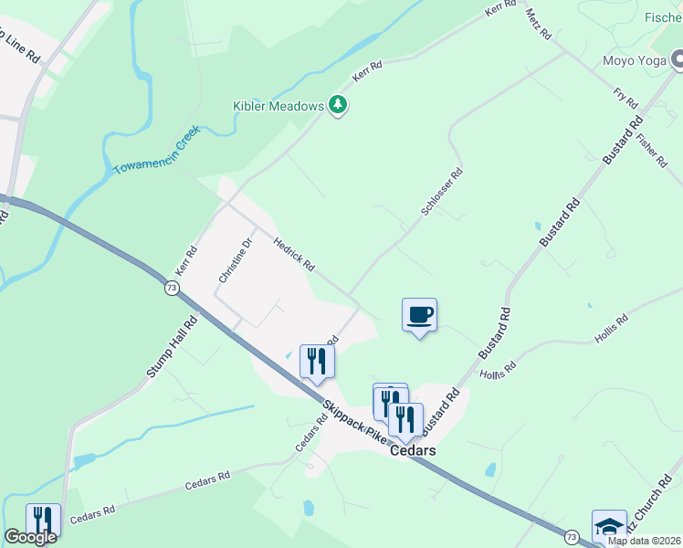 map of restaurants, bars, coffee shops, grocery stores, and more near 2675 Hedrick Road in Harleysville