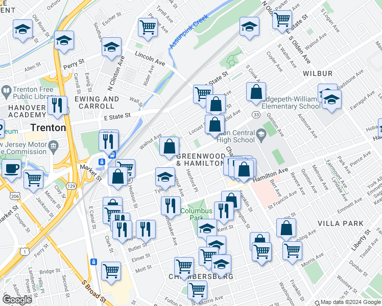 map of restaurants, bars, coffee shops, grocery stores, and more near 676 Greenwood Avenue in Trenton