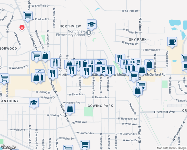 map of restaurants, bars, coffee shops, grocery stores, and more near 3298 North Pauline Avenue in Muncie