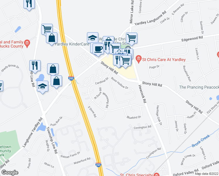 map of restaurants, bars, coffee shops, grocery stores, and more near 613B Rose Hollow Drive in Yardley