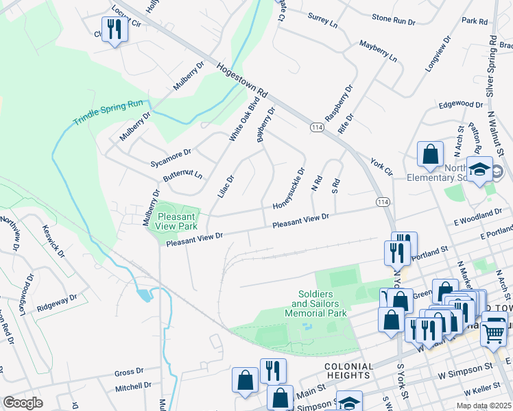 map of restaurants, bars, coffee shops, grocery stores, and more near 56 Bayberry Drive in Mechanicsburg