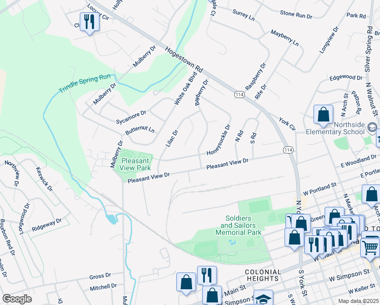 map of restaurants, bars, coffee shops, grocery stores, and more near 68 Honeysuckle Drive in Mechanicsburg