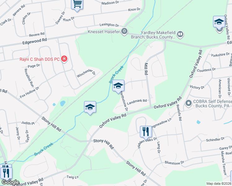 map of restaurants, bars, coffee shops, grocery stores, and more near 555 Hearthstone Drive in Yardley