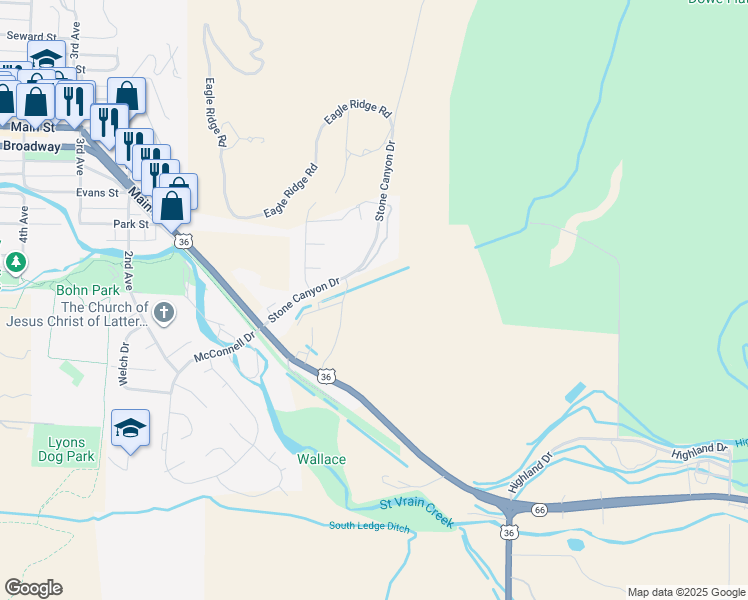 map of restaurants, bars, coffee shops, grocery stores, and more near 134 Stone Canyon Road in Lyons