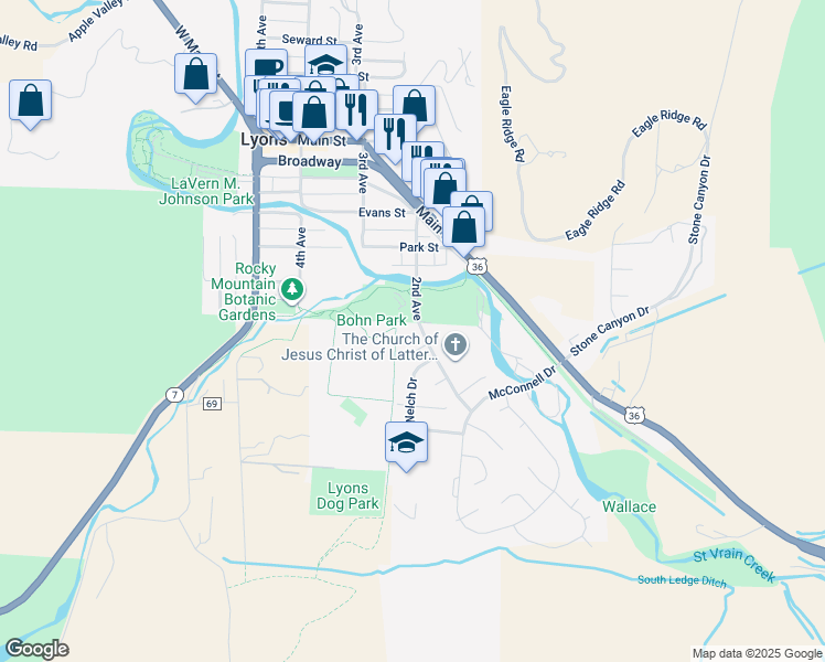 map of restaurants, bars, coffee shops, grocery stores, and more near 100 2nd Avenue in Lyons