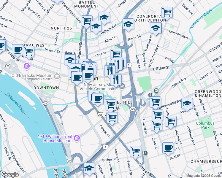 map of restaurants, bars, coffee shops, grocery stores, and more near 20 South Montgomery Street in Trenton