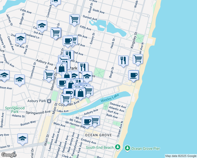 map of restaurants, bars, coffee shops, grocery stores, and more near 408 Asbury Avenue in Asbury Park