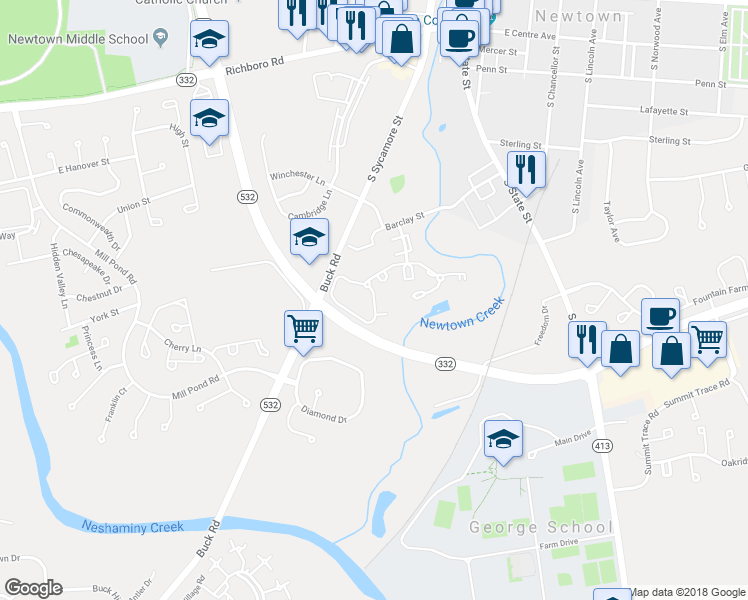 map of restaurants, bars, coffee shops, grocery stores, and more near 45 Heather Court in Newtown