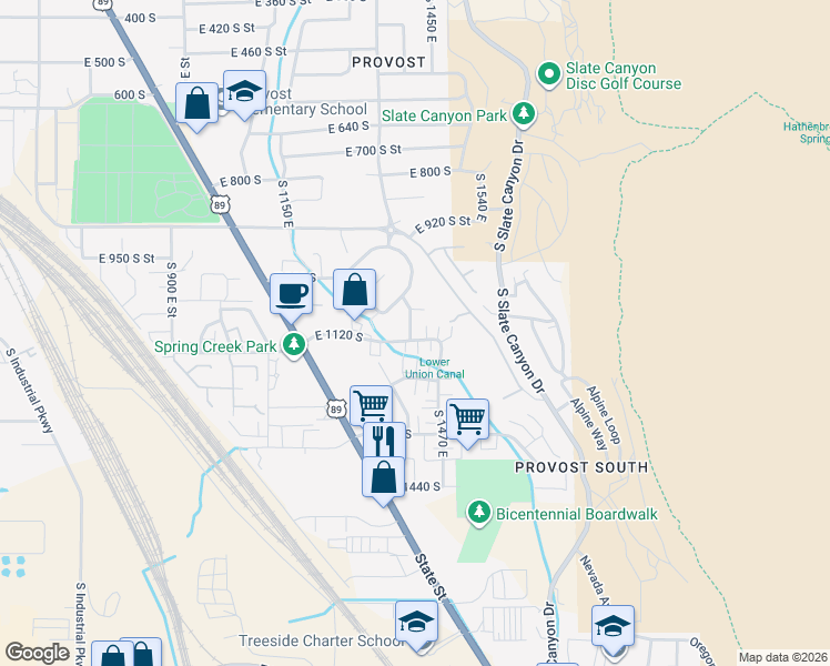 map of restaurants, bars, coffee shops, grocery stores, and more near 1105 South 1420 East in Provo