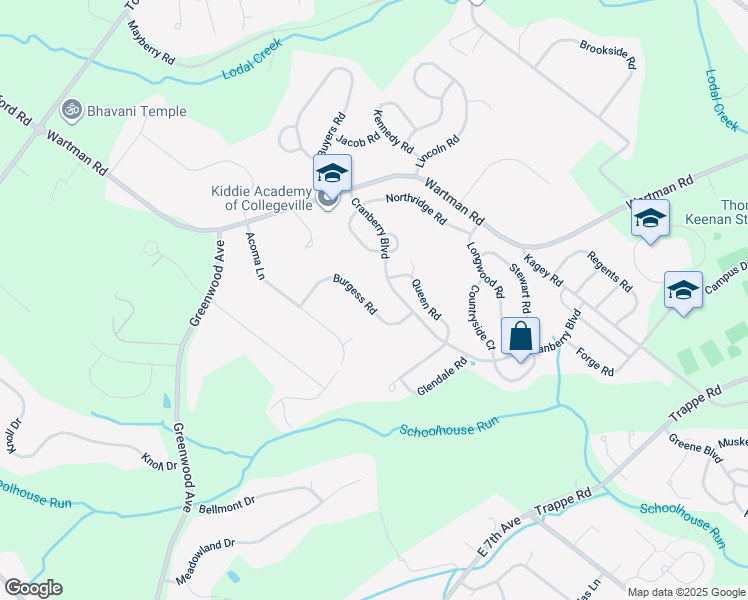 map of restaurants, bars, coffee shops, grocery stores, and more near 106 Burgess Road in Collegeville