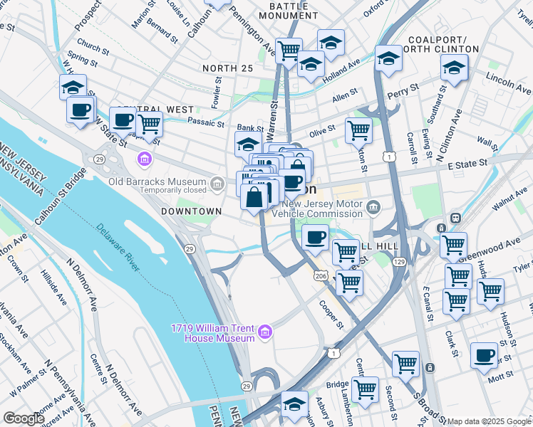 map of restaurants, bars, coffee shops, grocery stores, and more near 28 Lincoln Highway in Trenton