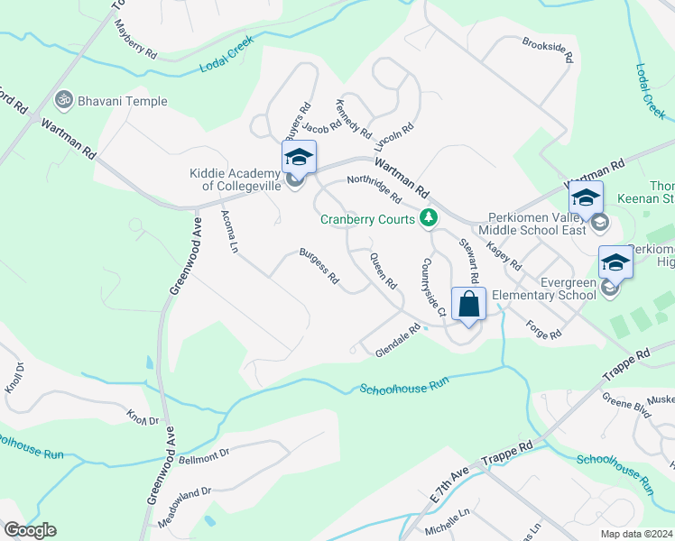 map of restaurants, bars, coffee shops, grocery stores, and more near 106 Burgess Road in Collegeville
