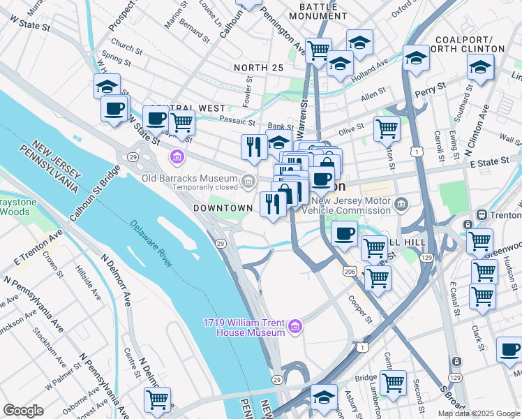 map of restaurants, bars, coffee shops, grocery stores, and more near 31 West Front Street in Trenton