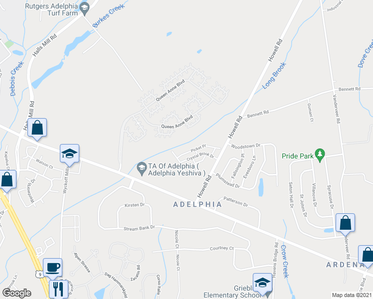 map of restaurants, bars, coffee shops, grocery stores, and more near 68 Picket Place in Freehold