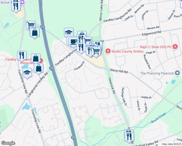 map of restaurants, bars, coffee shops, grocery stores, and more near 690B Rose Hollow Drive in Yardley