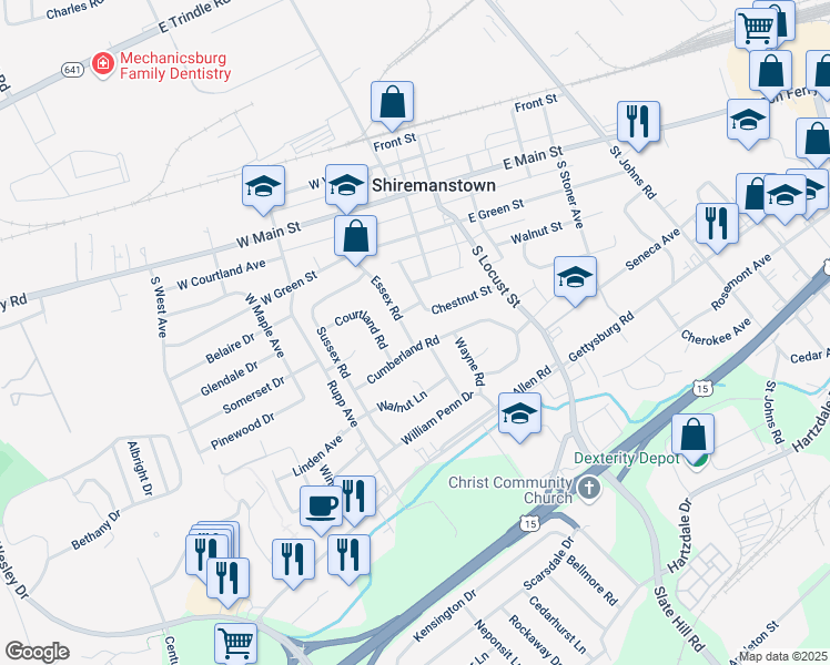 map of restaurants, bars, coffee shops, grocery stores, and more near 28 Essex Road in Shiremanstown