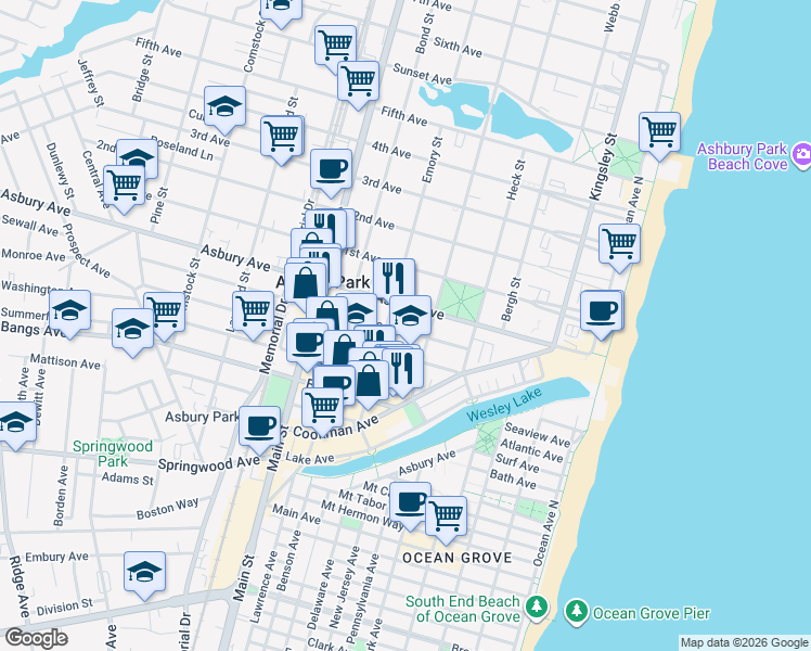map of restaurants, bars, coffee shops, grocery stores, and more near 513 Sewall Avenue in Asbury Park