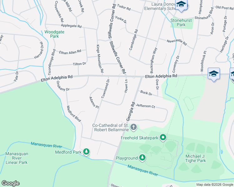 map of restaurants, bars, coffee shops, grocery stores, and more near 81 Howe Lane in Freehold
